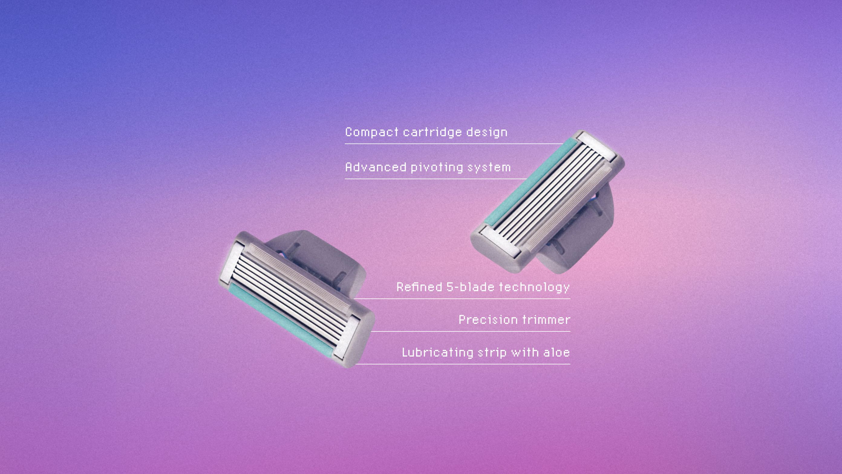 Blades floating against a purple and pink gradient