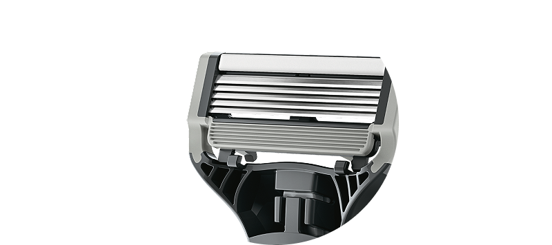 Close-up of a 5- blade razor cartridge on a white background