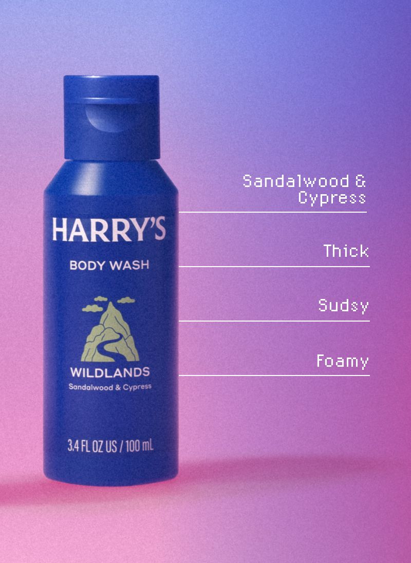 Travel sized body washes in multiple scents against a purple and pink gradient