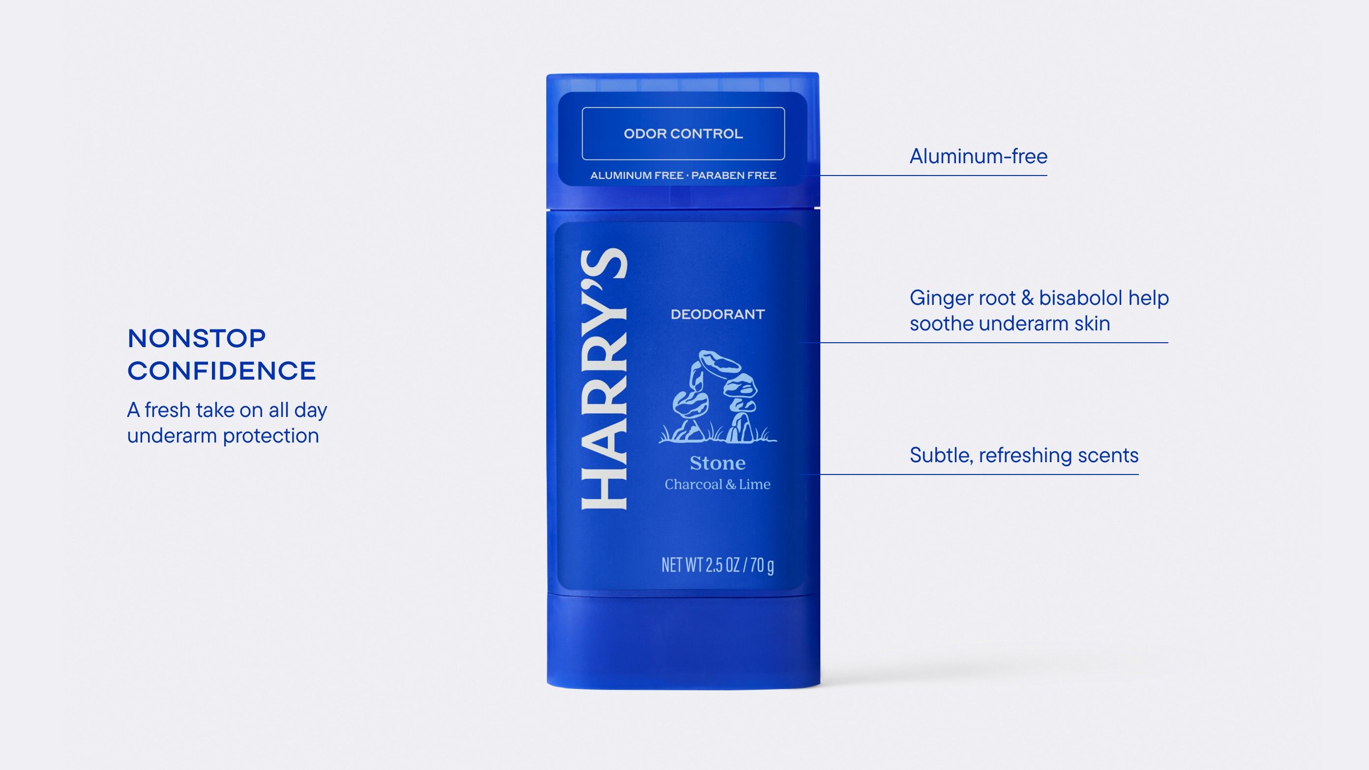 Blue Harry’s deodorant on a light gray background; on-image text notes it’s aluminum-free and contains ginger root and bisabolol to soothe underarm skin.