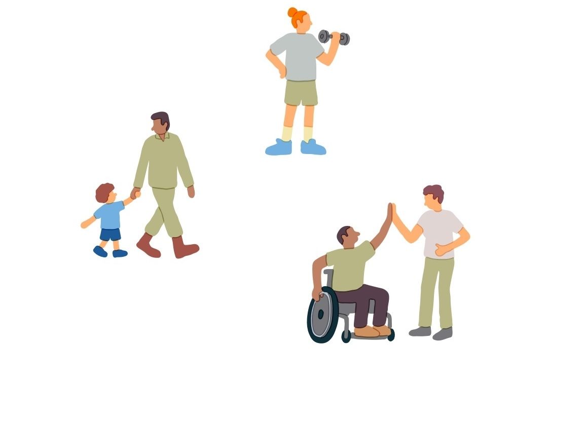 Illustrations of a man holding hands with a child, a person lifting weights and a person in a wheel chair high-fiving a person standing up.
