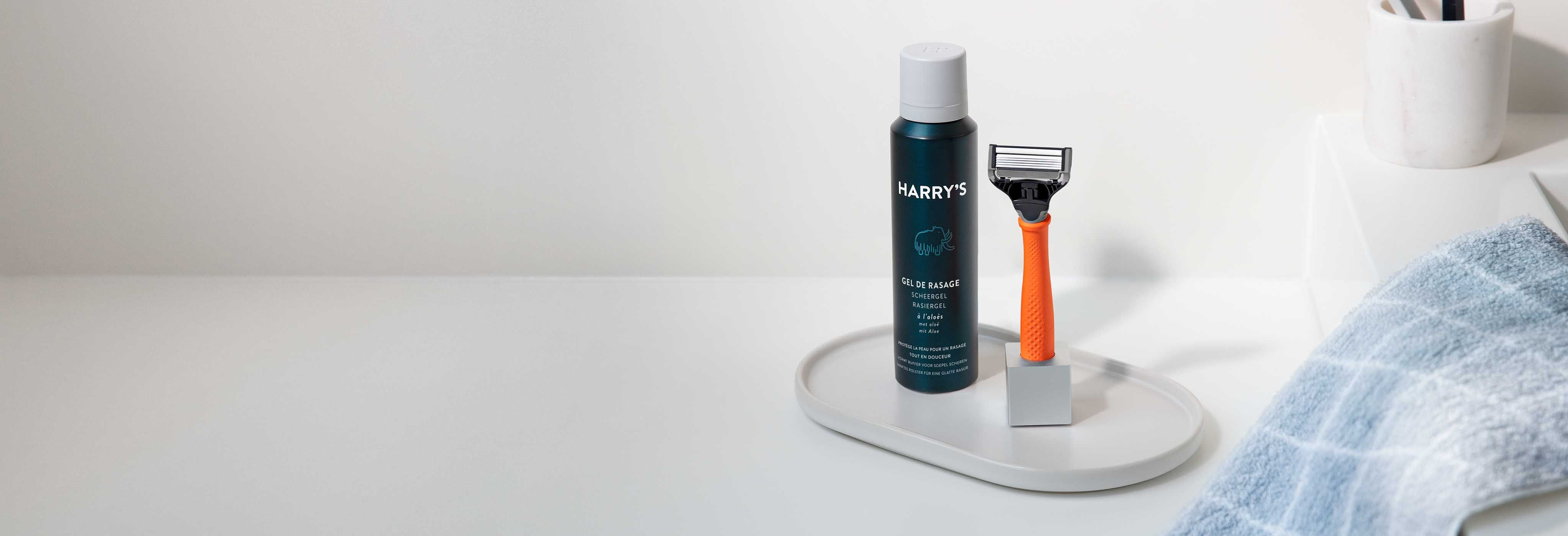 Shave Gel and Truman Razor in the Razor Stand on the bathroom counter.