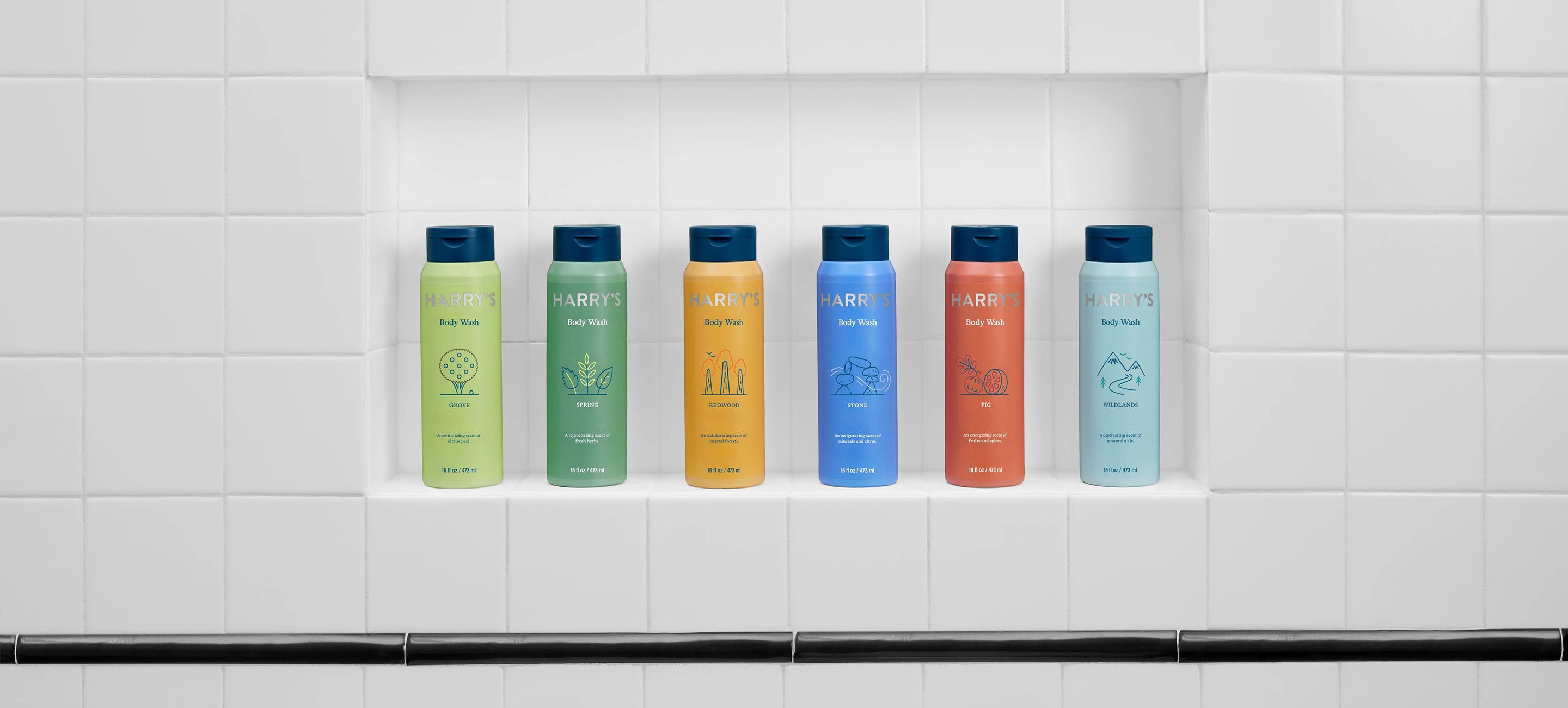 All the different Body Wash scents displayed together on a shower shelf.