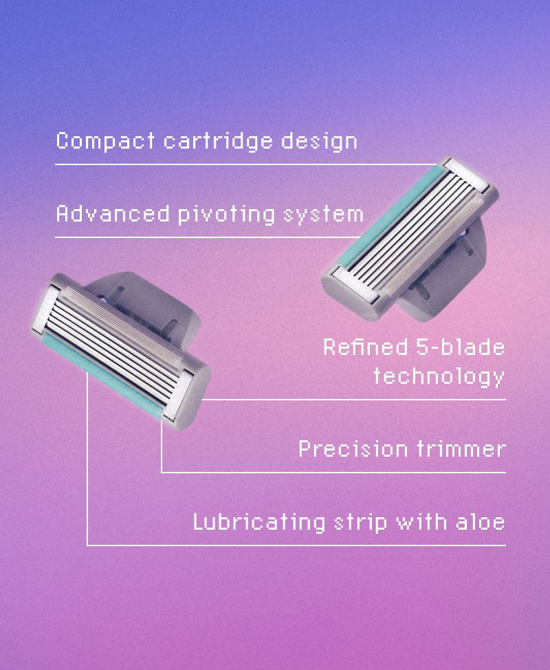 Blades floating against a purple and pink gradient