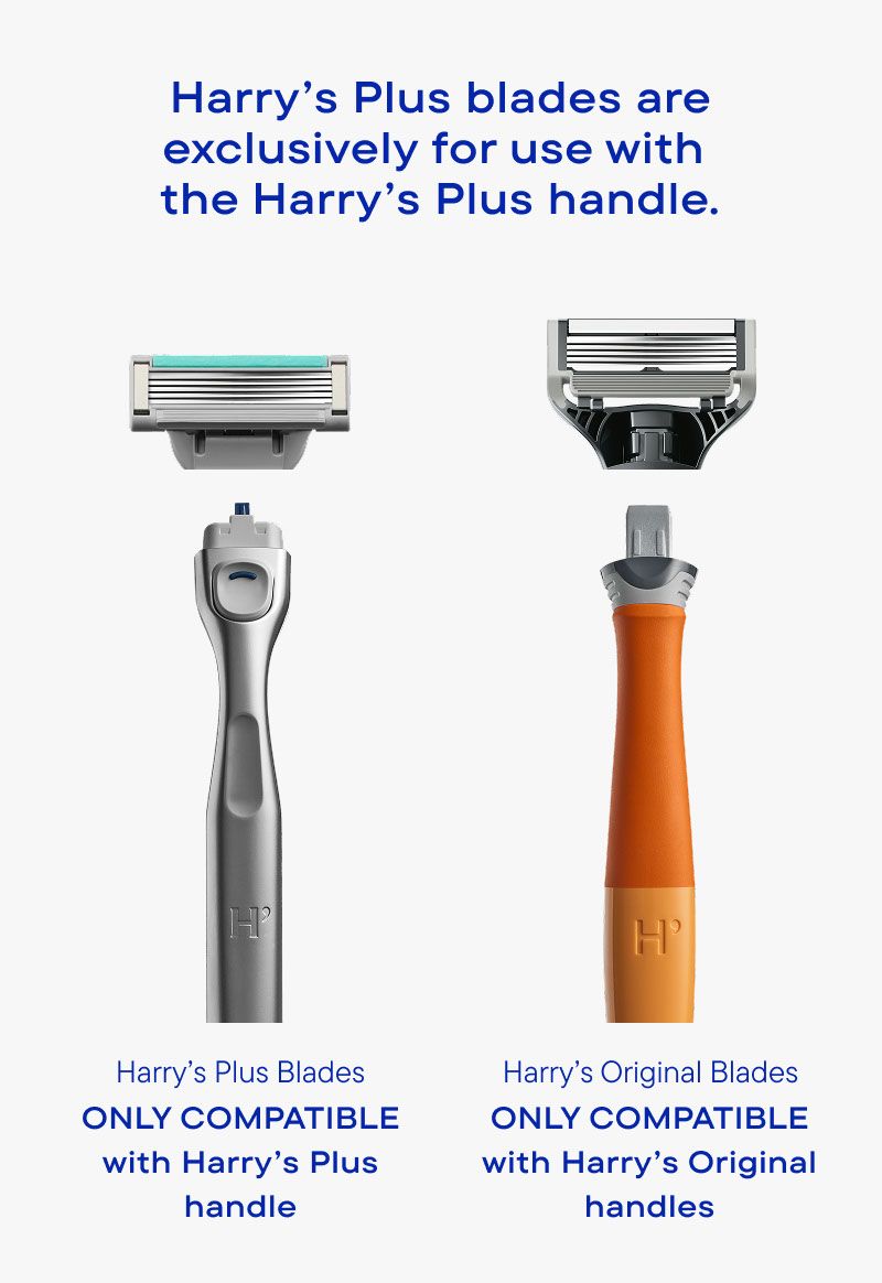 Two razors with text indicating different compatibility for Harry's Plus and Original handles.