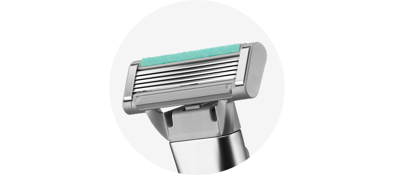 Close up of refined 5-Blade technology on Harry's Plus razor cartridge