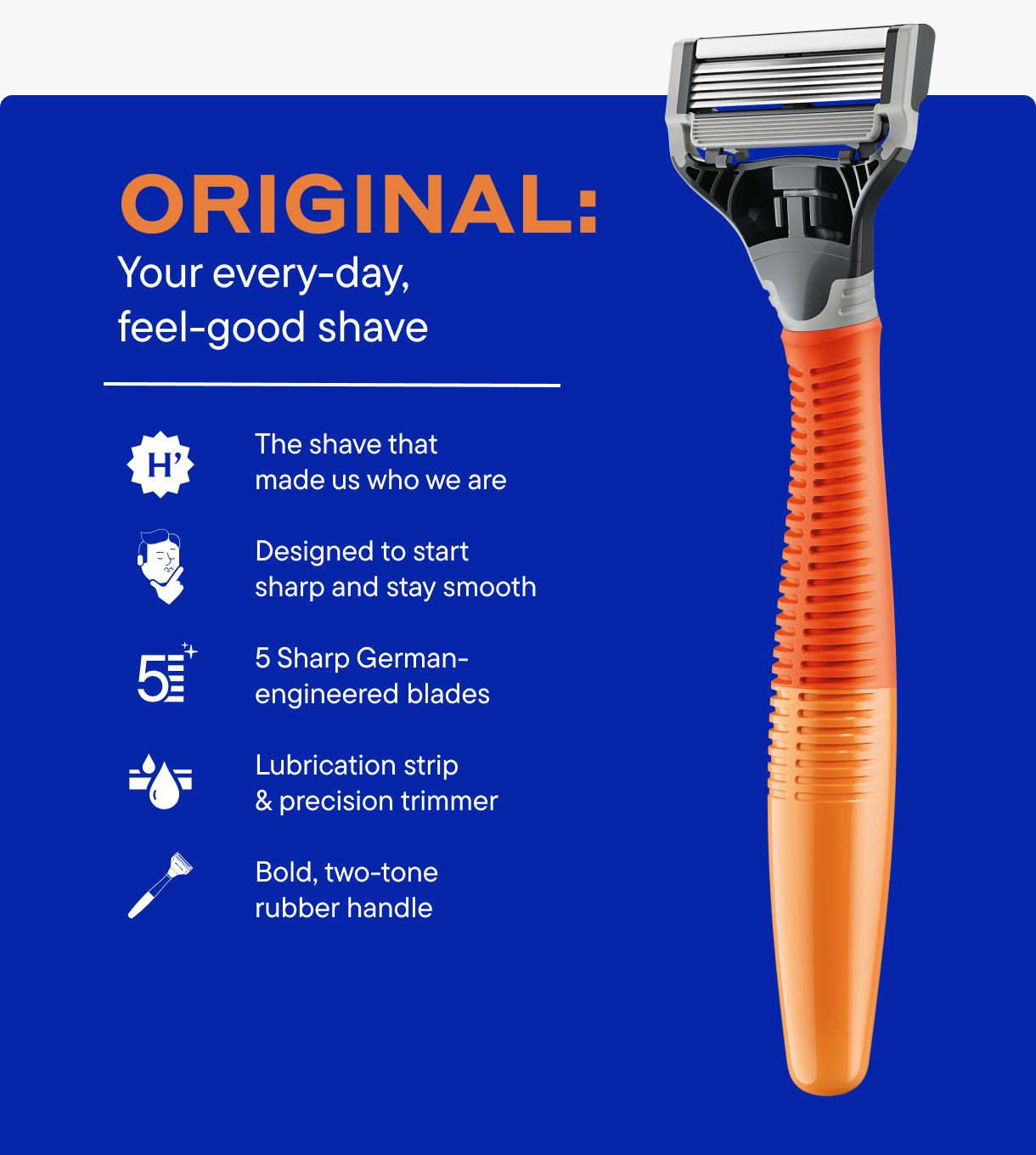 Harry's Original razor handle and blade cartridge with text describing shaving benefits set against a blue background