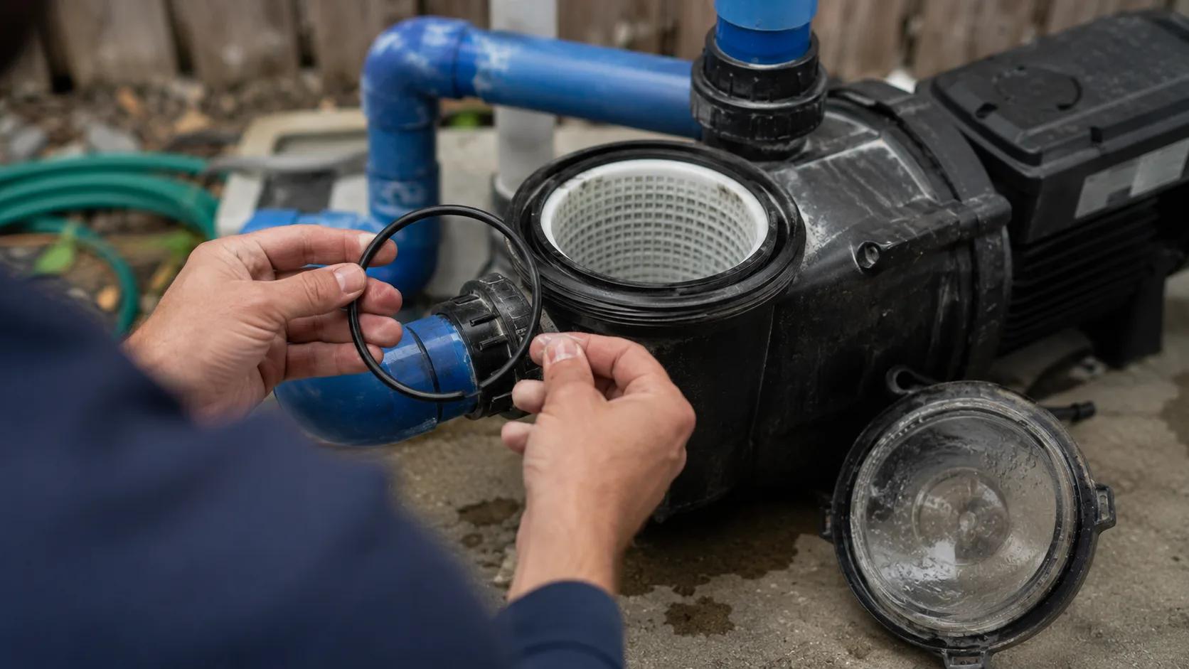 Close-up over-the-shoulder shot of a pool technician's hands holding a rubber o-ring next to an open swimming pool pump on a concrete equipment pad, the clear strainer lid set aside and the strainer basket visible inside the wet end, a small bead of water on the pad beneath the pump.
