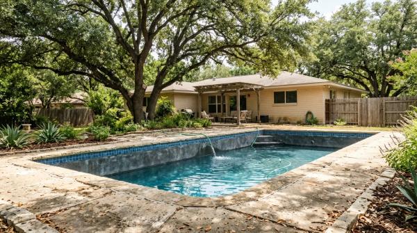 An eye-level afternoon shot of an in-ground gunite pool in an established Anderson Mill backyard (mature live oaks, limestone-edge decking, a single-story 1980s North Austin home in the background), with a clearly visible low water line a few inches below the tile and a garden hose topping it off. 