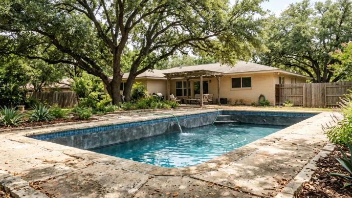 An eye-level afternoon shot of an in-ground gunite pool in an established Anderson Mill backyard (mature live oaks, limestone-edge decking, a single-story 1980s North Austin home in the background), with a clearly visible low water line a few inches below the tile and a garden hose topping it off.