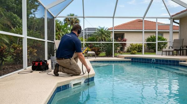 A Port Richey backyard with a screen-enclosed inground pool mid-repair: a technician kneeling at the pool edge with handheld electronic/sonic leak-detection equipment, a small section of plaster or a skimmer being worked on, the textured cool deck visibly intact (no demolition). Bright Gulf-coast Florida light, palms and a single-story home behind. 