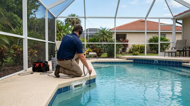 A Port Richey backyard with a screen-enclosed inground pool mid-repair: a technician kneeling at the pool edge with handheld electronic/sonic leak-detection equipment, a small section of plaster or a skimmer being worked on, the textured cool deck visibly intact (no demolition). Bright Gulf-coast Florida light, palms and a single-story home behind. 