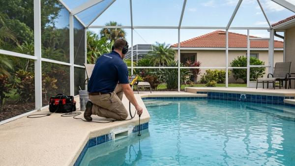 A Port Richey backyard with a screen-enclosed inground pool mid-repair: a technician kneeling at the pool edge with handheld electronic/sonic leak-detection equipment, a small section of plaster or a skimmer being worked on, the textured cool deck visibly intact (no demolition). Bright Gulf-coast Florida light, palms and a single-story home behind.