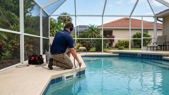 A Port Richey backyard with a screen-enclosed inground pool mid-repair: a technician kneeling at the pool edge with handheld electronic/sonic leak-detection equipment, a small section of plaster or a skimmer being worked on, the textured cool deck visibly intact (no demolition). Bright Gulf-coast Florida light, palms and a single-story home behind.