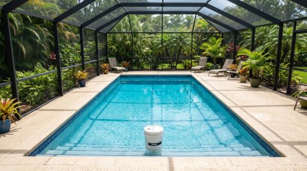 An overhead view of a sparkling blue inground pool in a sunny Florida backyard with a screen enclosure visible. A 5-gallon bucket sits on the second step of the pool, half-submerged, with a tape mark on the side showing the water line. 