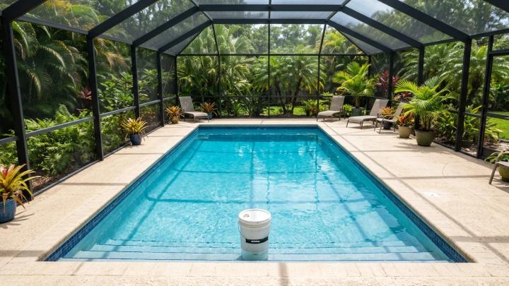 An overhead view of a sparkling blue inground pool in a sunny Florida backyard with a screen enclosure visible. A 5-gallon bucket sits on the second step of the pool, half-submerged, with a tape mark on the side showing the water line.