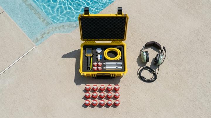 A flat-lay overhead shot of professional pool leak detection tools arranged neatly on a clean concrete pool deck beside a sparkling blue in-ground pool.