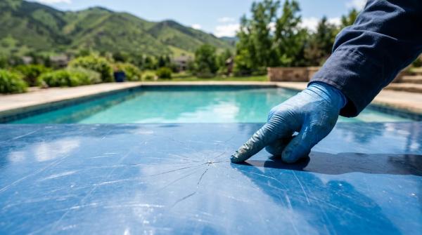 Close-up of a spider crack in a fiberglass pool gelcoat at an Arvada, Colorado backyard pool