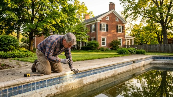 A homeowner in a Columbus, Ohio backyard kneeling beside an in-ground concrete pool during early autumn. 