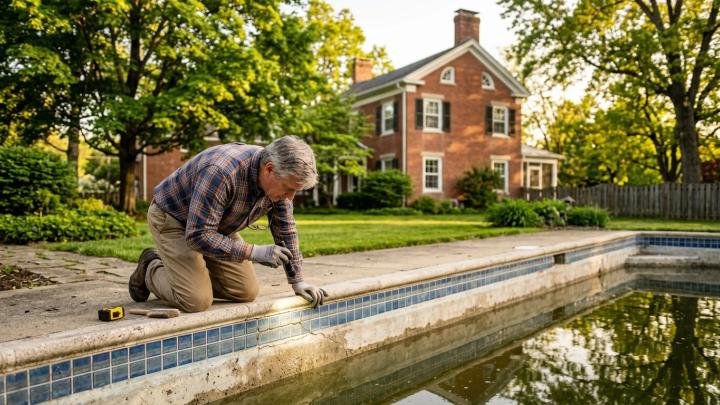 A homeowner in a Columbus, Ohio backyard kneeling beside an in-ground concrete pool during early autumn.