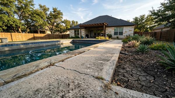 North Austin TX inground pool with deck separation and cracked clay soil during a dry summer.