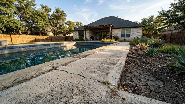 North Austin TX inground pool with deck separation and cracked clay soil during a dry summer.