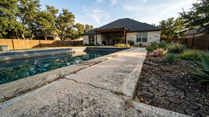 North Austin TX inground pool with deck separation and cracked clay soil during a dry summer.