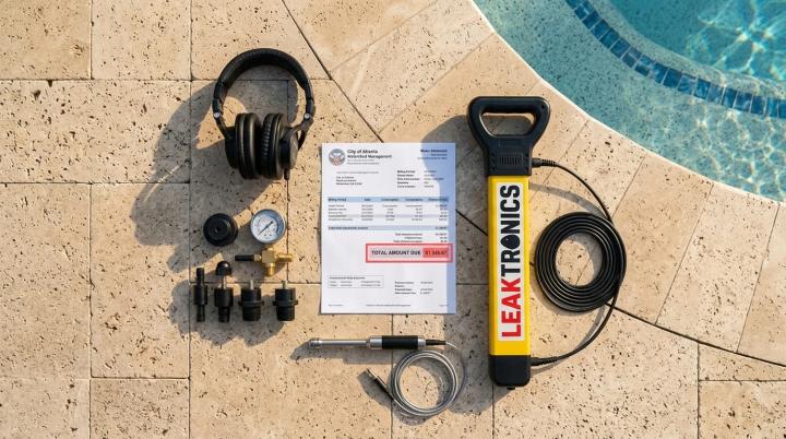 An overhead flat-lay photo of a high water bill statement with red highlights on the total, placed next to professional pool leak detection equipment on a clean pool deck. 
