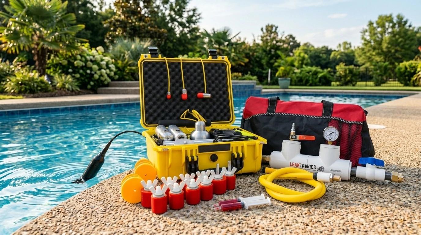 A close-up of professional acoustic leak detection equipment arranged on a clean pool deck beside a sparkling in-ground swimming pool in Columbus, Georgia.