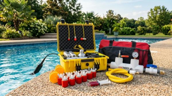 A close-up of professional acoustic leak detection equipment arranged on a clean pool deck beside a sparkling in-ground swimming pool in Columbus, Georgia. 