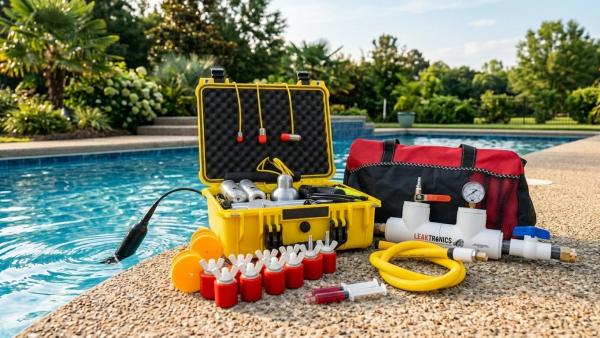 A close-up of professional acoustic leak detection equipment arranged on a clean pool deck beside a sparkling in-ground swimming pool in Columbus, Ohio.