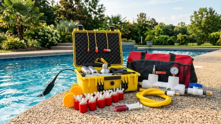 A close-up of professional acoustic leak detection equipment arranged on a clean pool deck beside a sparkling in-ground swimming pool in Columbus, Ohio.