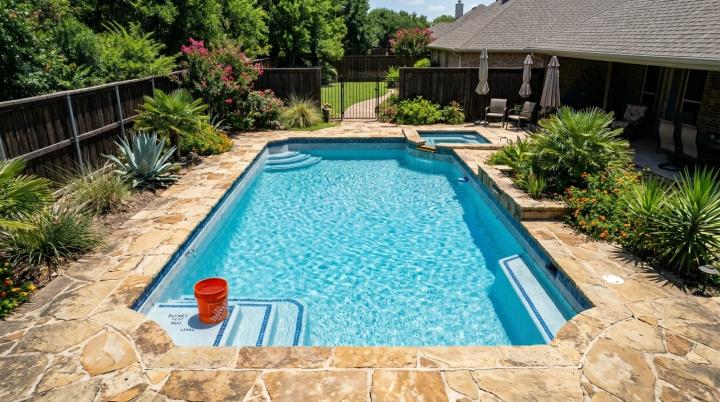 An overhead view of a sparkling blue in-ground swimming pool in a Texas backyard during peak summer. Heat shimmer rises off the pool deck. 