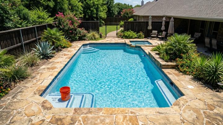 An overhead view of a sparkling blue in-ground swimming pool in a Texas backyard during peak summer. Heat shimmer rises off the pool deck.