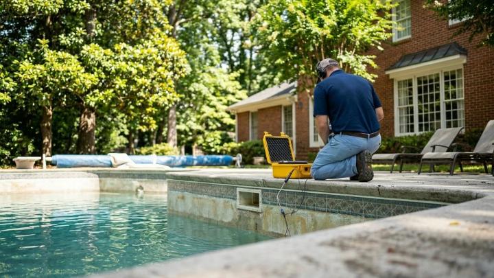 A sunny in-ground backyard pool in a leafy Brookhaven, Atlanta neighborhood shot low to show a clearly low water line below the tile, with a technician kneeling at the edge using handheld leak-detection equipment, brick home and Georgia hardwoods softly blurred behind. Full alt text is included at the bottom of the file.