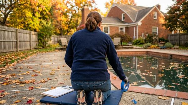 A homeowner in a Columbus, Ohio backyard kneeling beside an in-ground concrete pool during early autumn. 