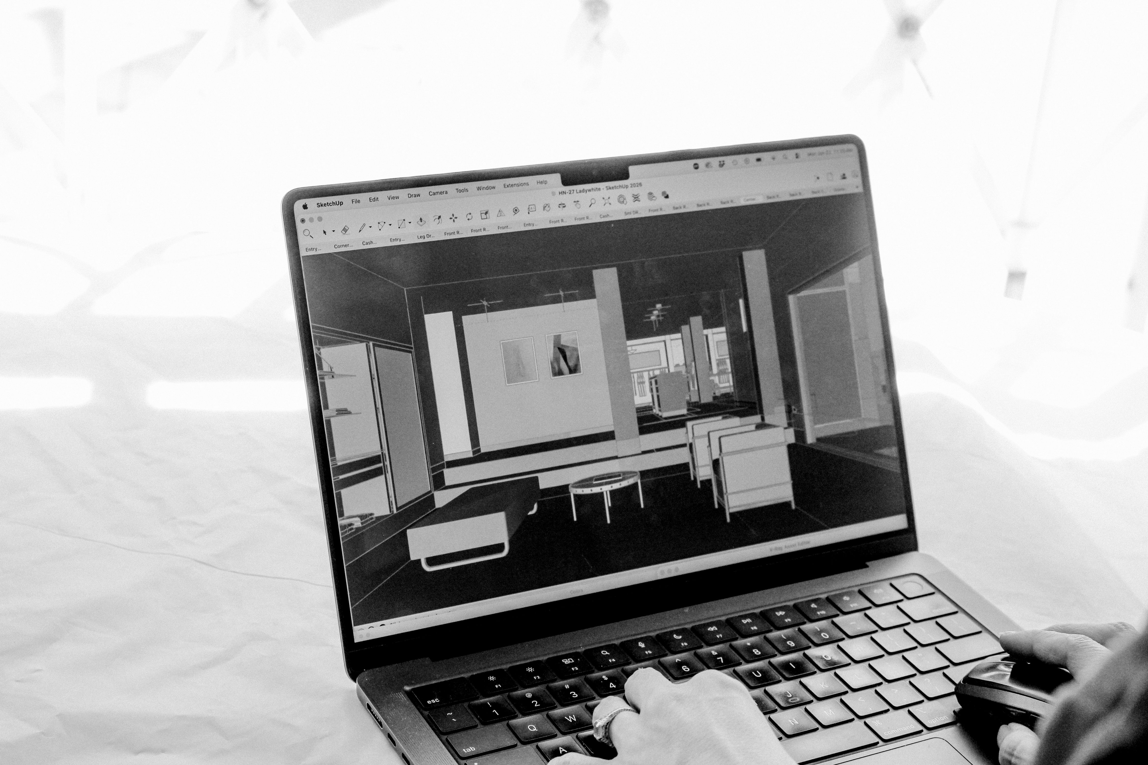 a computer screen with a rendered room on the screen, WOE, Width Over Ears