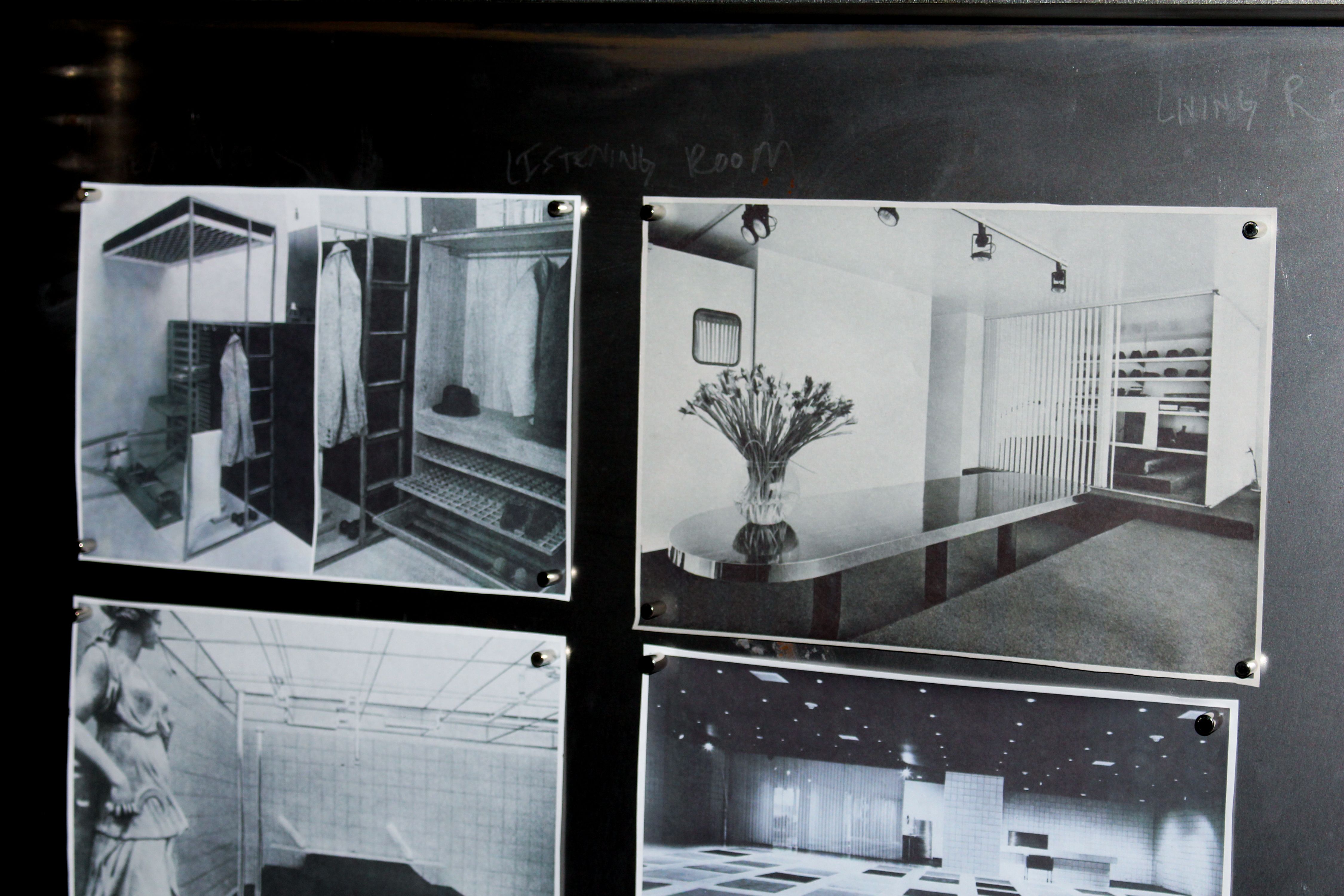 four black and white images pinned to a metal wall, WOE, Width Over Ears