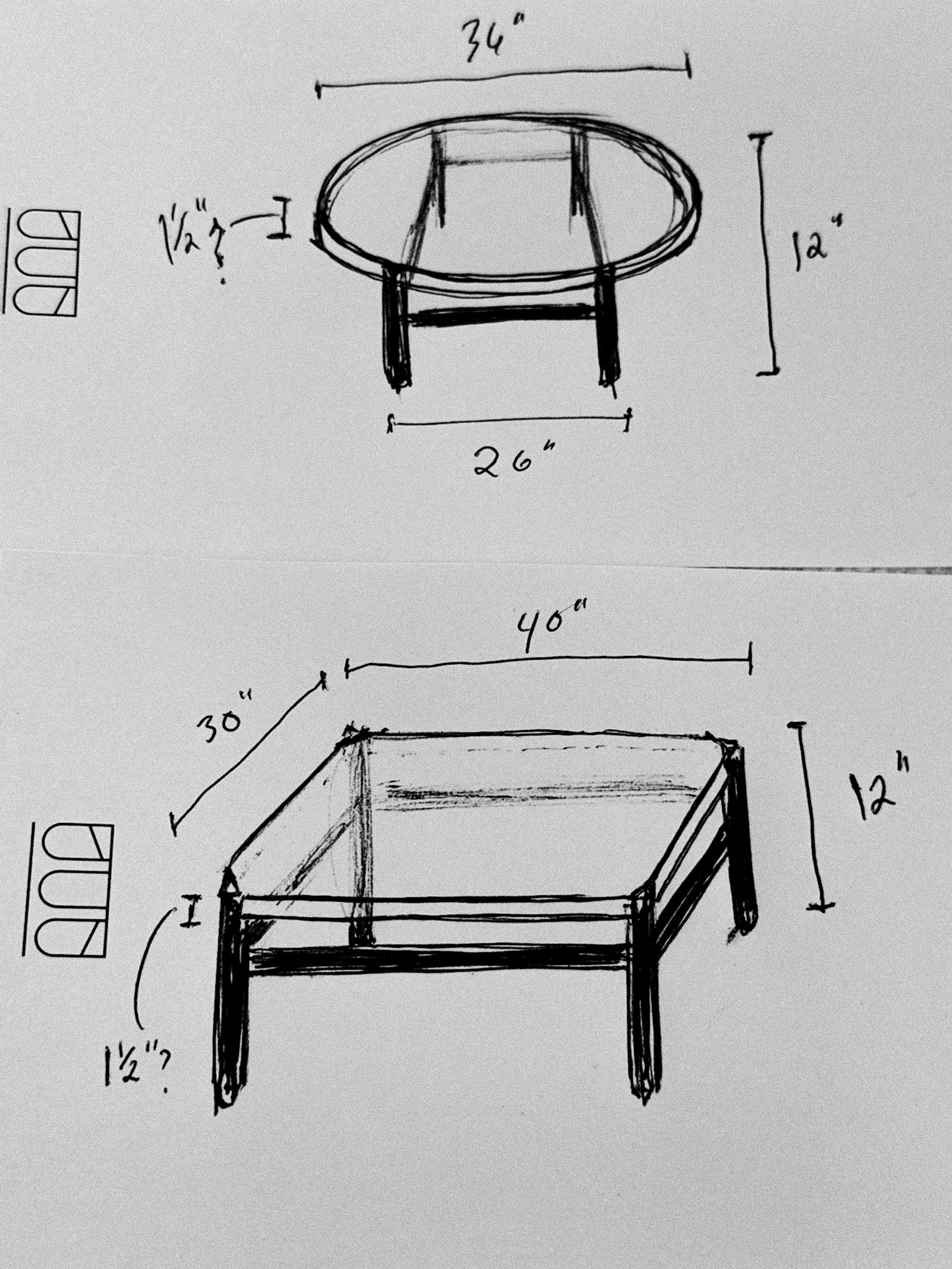 a hand drawing of 2 coffee tables, WOE, Width Over Ears