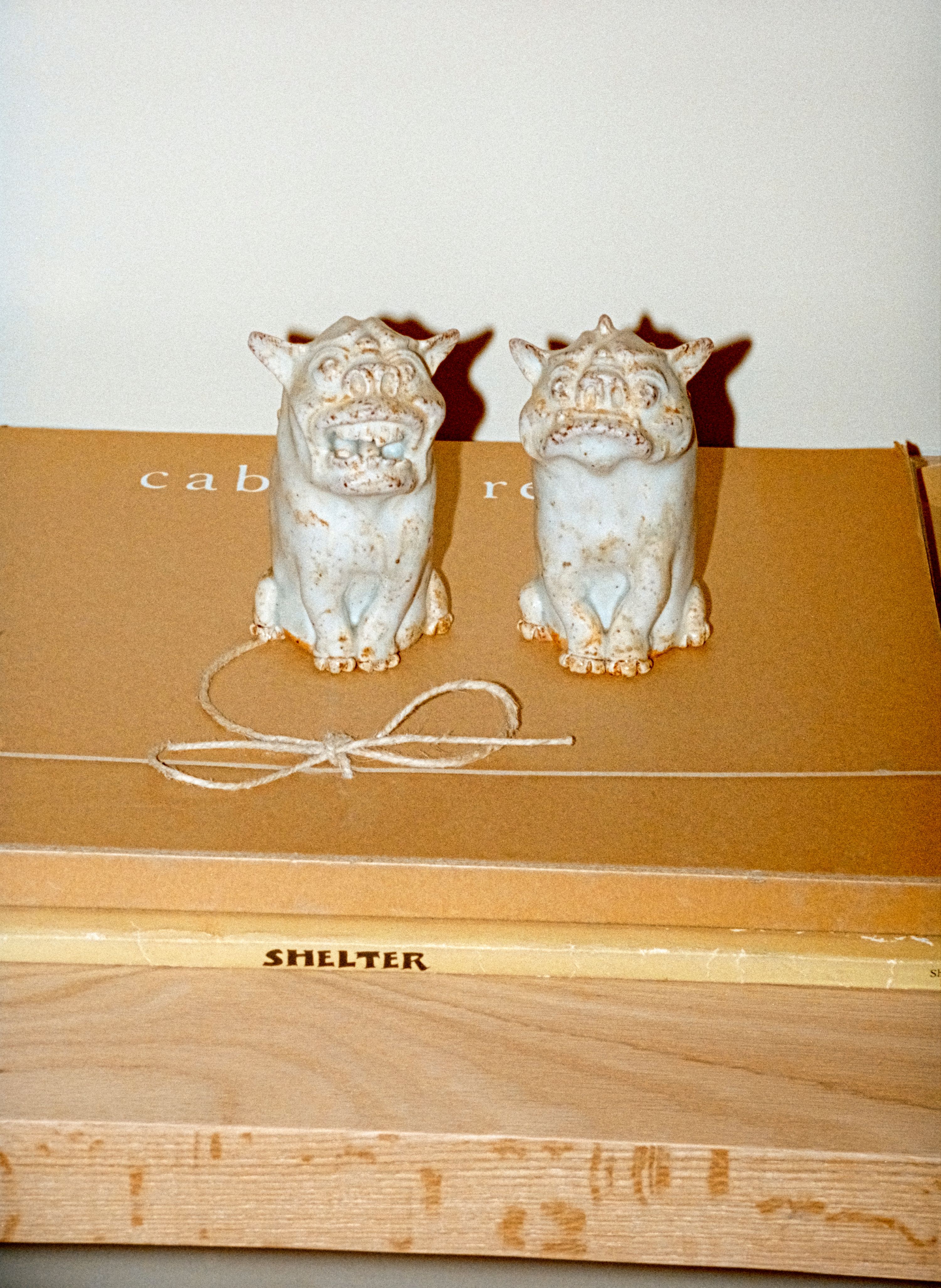 foo dogs on a brown surface against a white wall