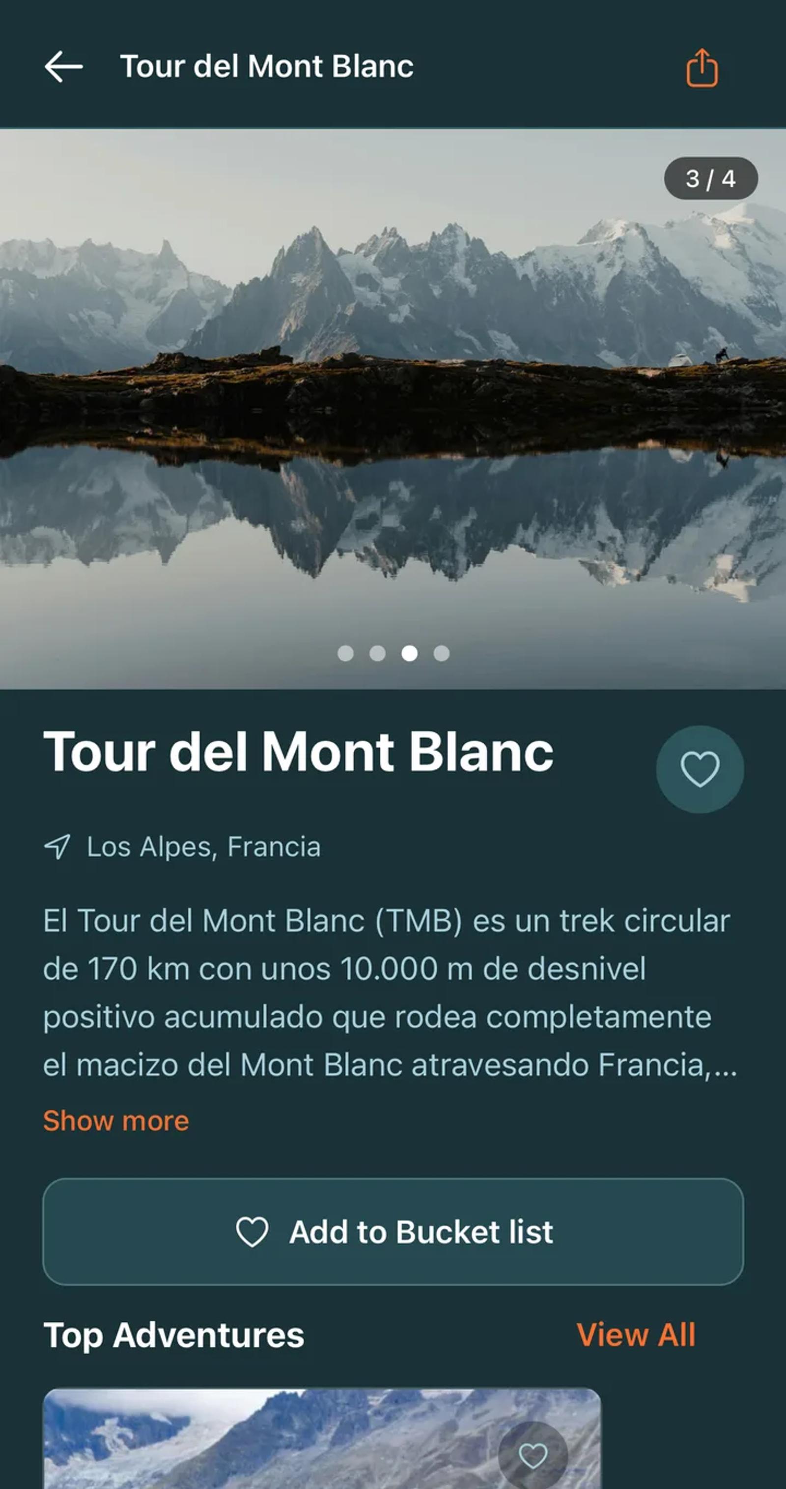 Página del Tour del Mont Blanc en la app de Outpass, con el botón para sumarlo a la bucket list