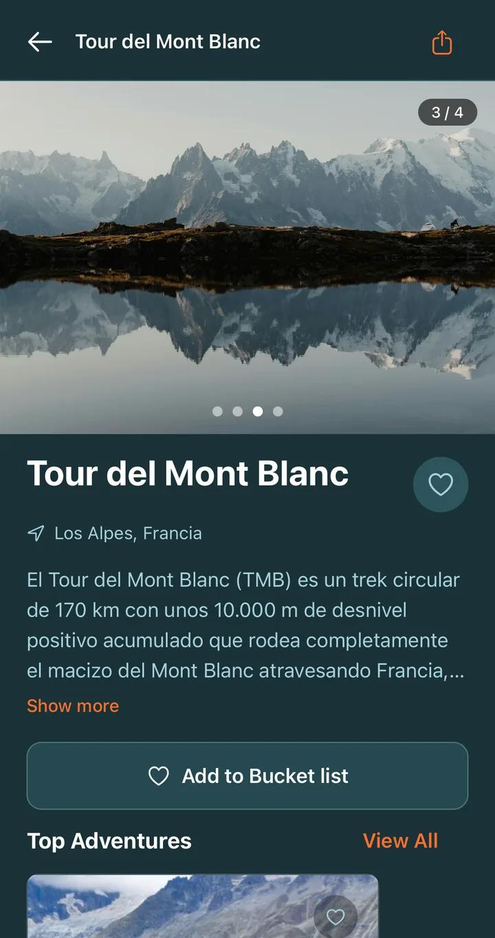 Página del Tour del Mont Blanc en la app de Outpass, con el botón para sumarlo a la bucket list