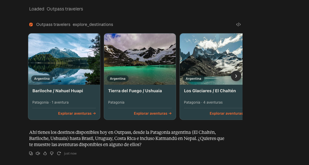 Captura de ChatGPT con tarjetas de destinos de Outpass: Bariloche / Nahuel Huapi, Tierra del Fuego / Ushuaia y Los Glaciares / El Chaltén.