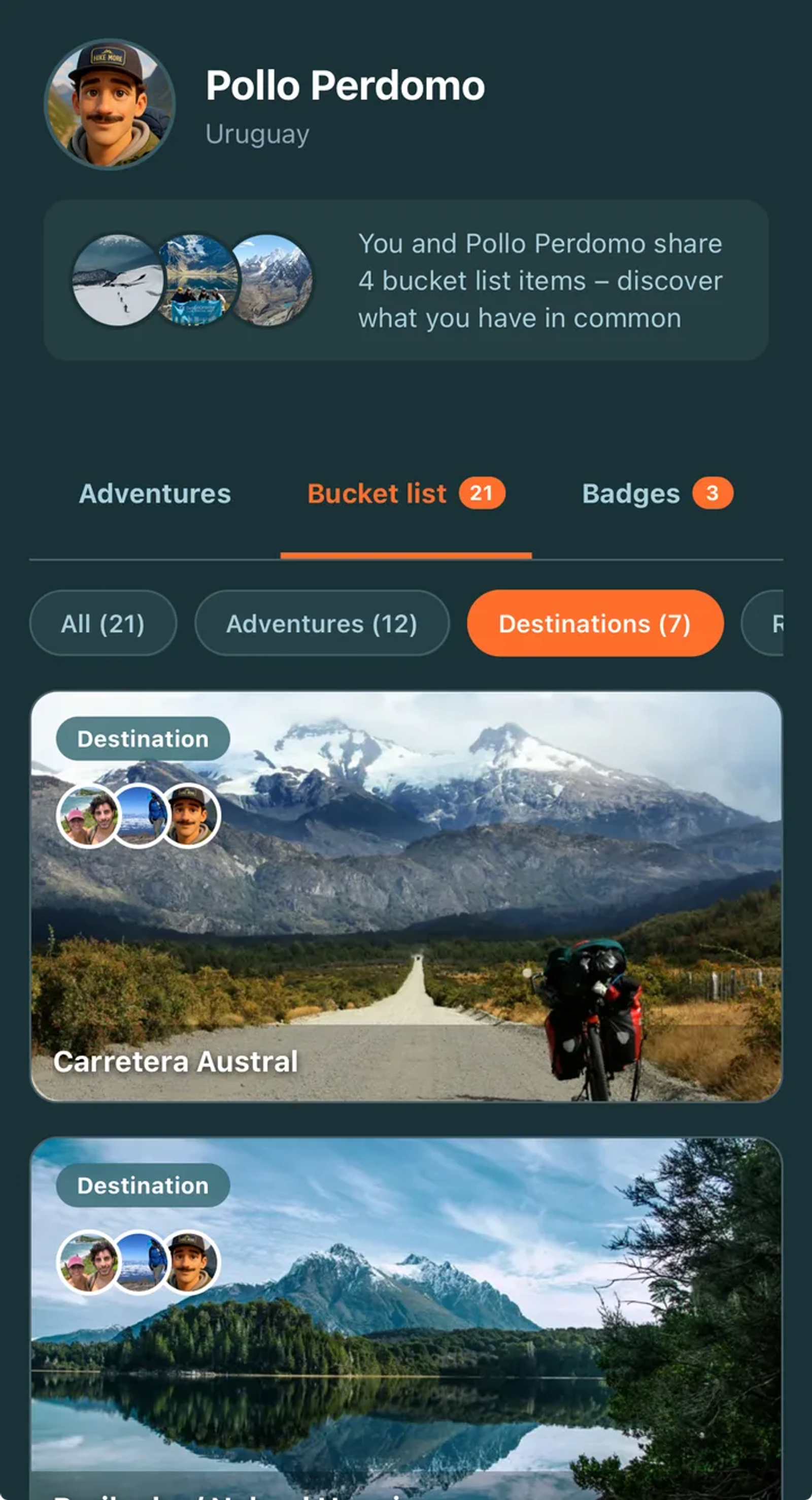 Perfil de un amigo en la app de Outpass, con su bucket list y los destinos que tienen en común