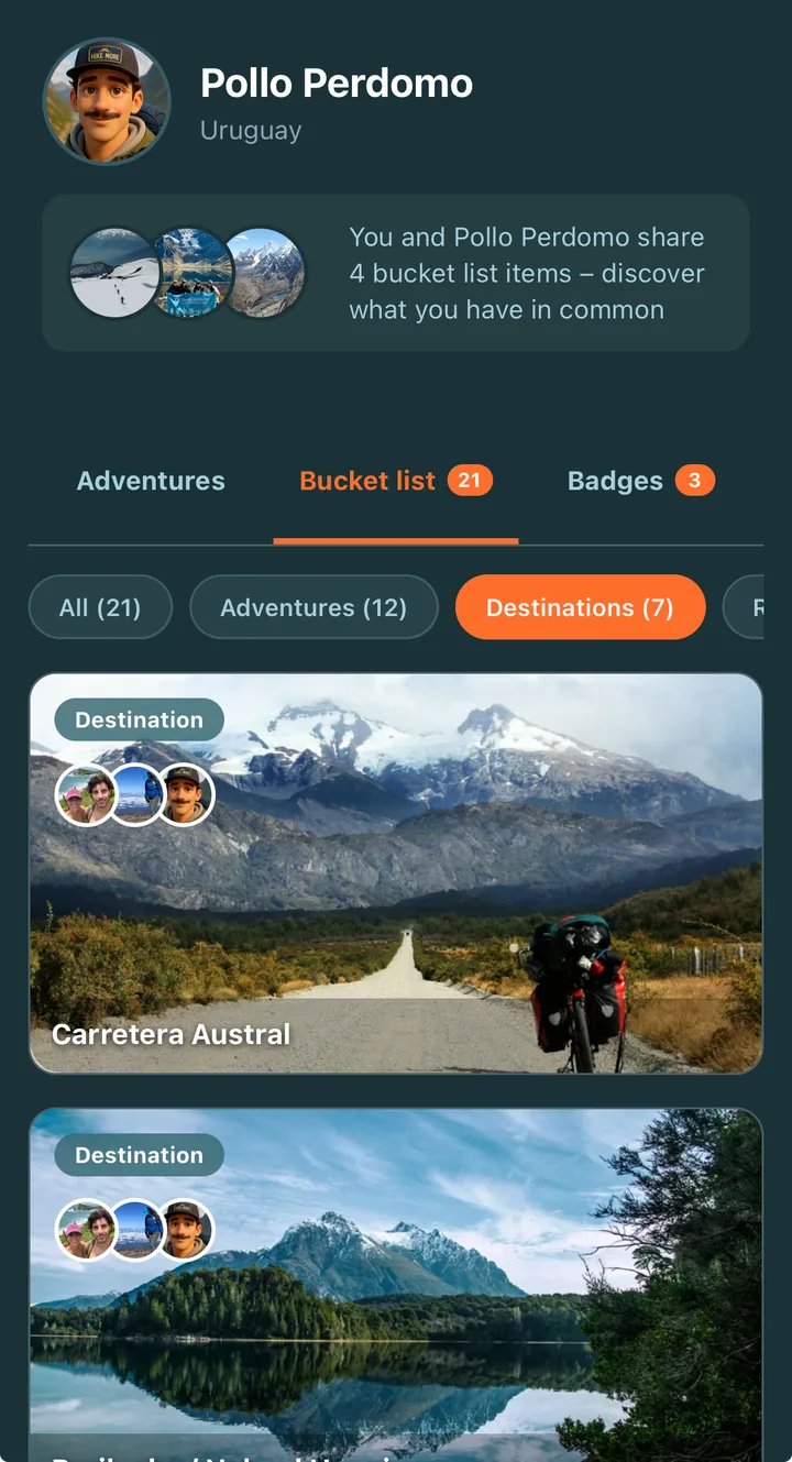 Perfil de un amigo en la app de Outpass, con su bucket list y los destinos que tienen en común