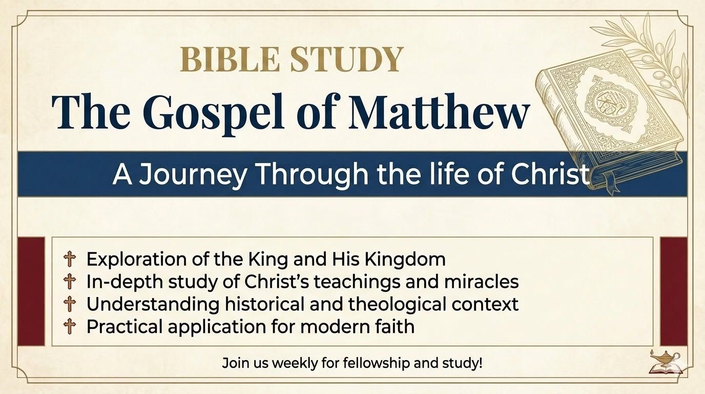 A banner highlighting topics for "The Gospel of Matthew: A Journey Through the Life of Christ" Bible Study