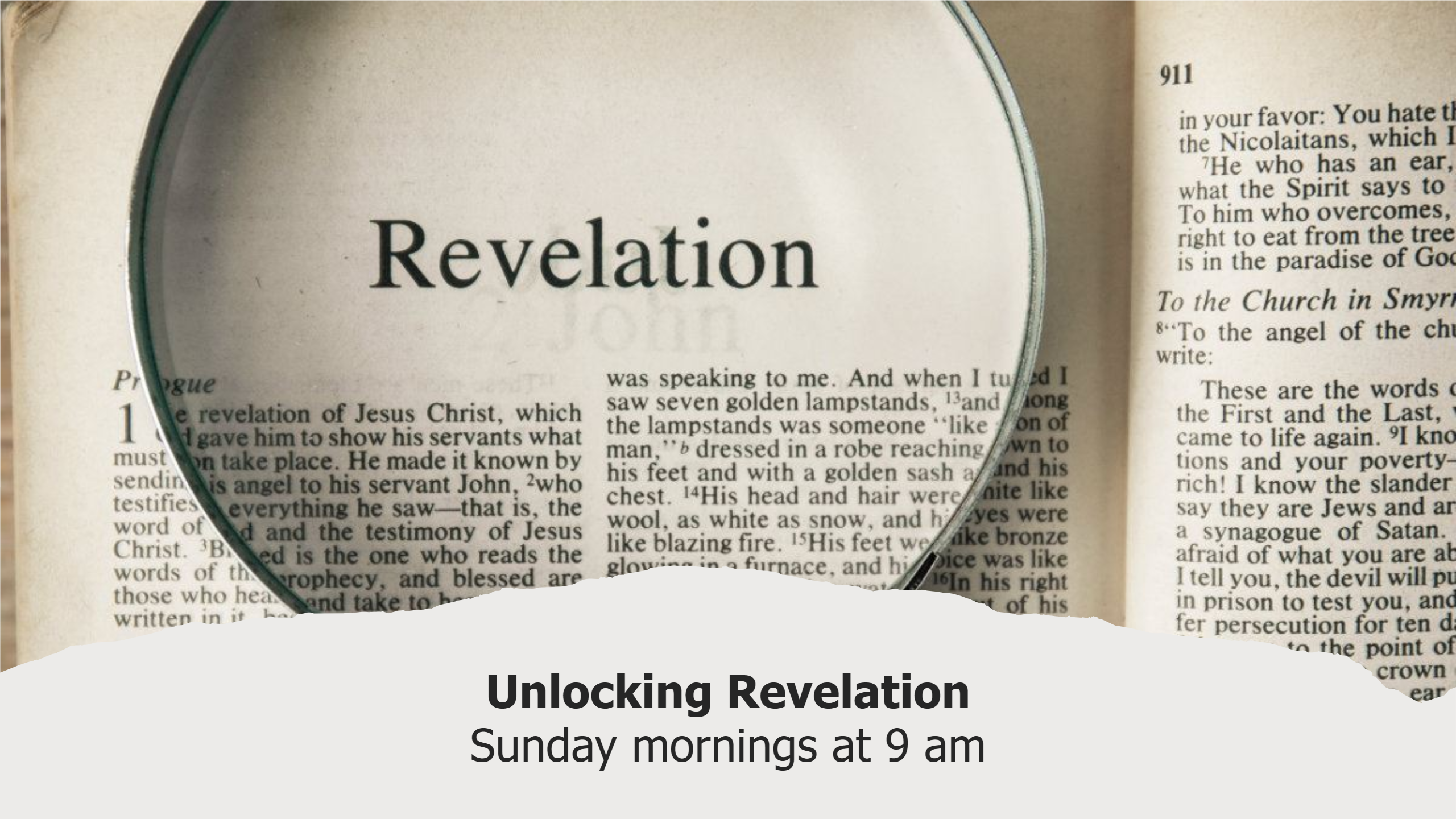 Promotional image depicting the title "Revelation" from a Bible under a magnifying glass