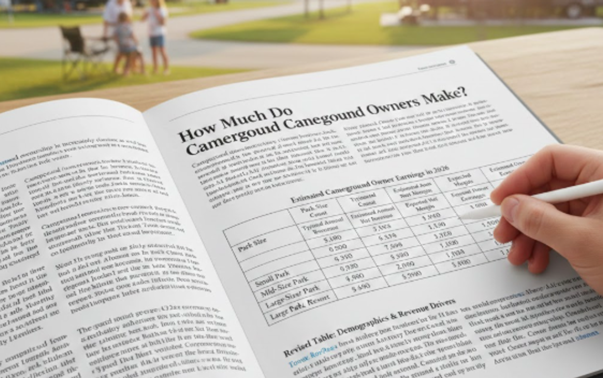 Open magazine spread titled "How Much Do Campground Owners Make?" showing a table of estimated campground owner earnings