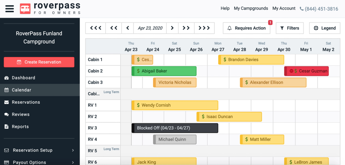 RoverPass Funland Campground availability calendar showing cabin and RV reservations with guest names, dates, and booking status in color-coded blocks across April and May 2020.