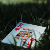 King and Queen of hearts playing cards displayed on white surface surrounded by grass blades